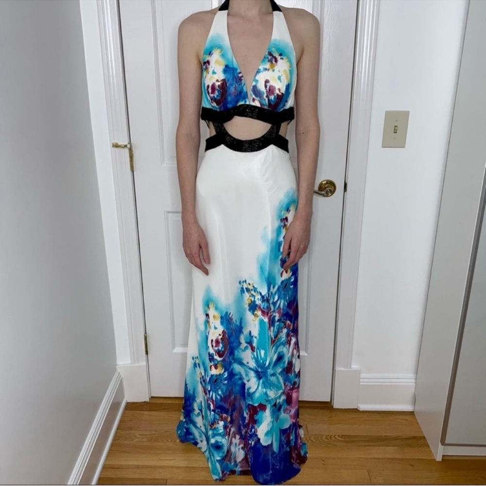 Cinderella Divine maxi dress white and blue floral - sequin details Size 6